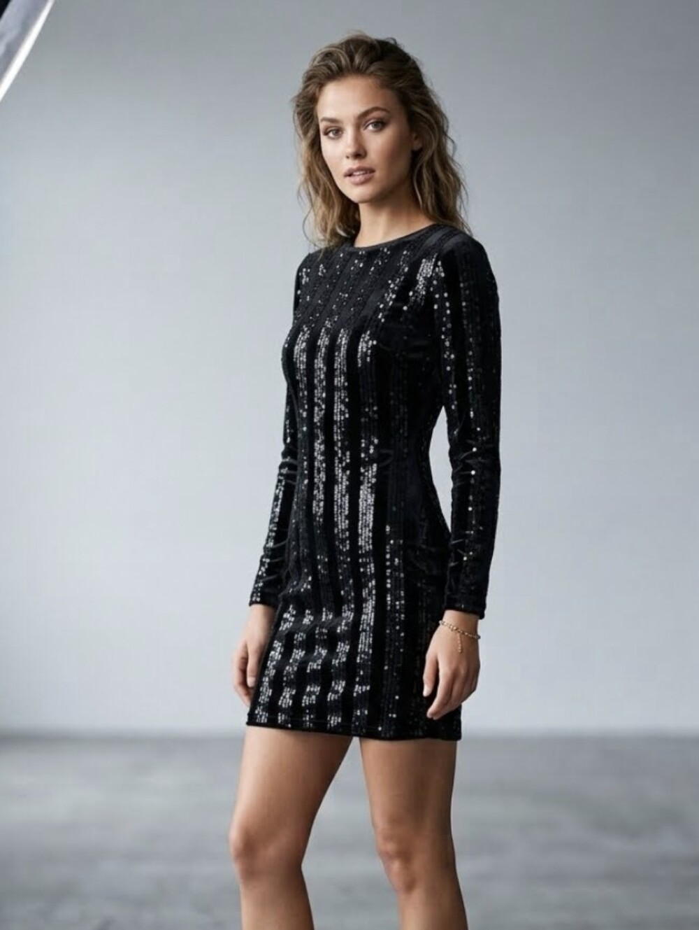 Black Sequin Long-Sleeve Mini Dress - Sleek Evening Style